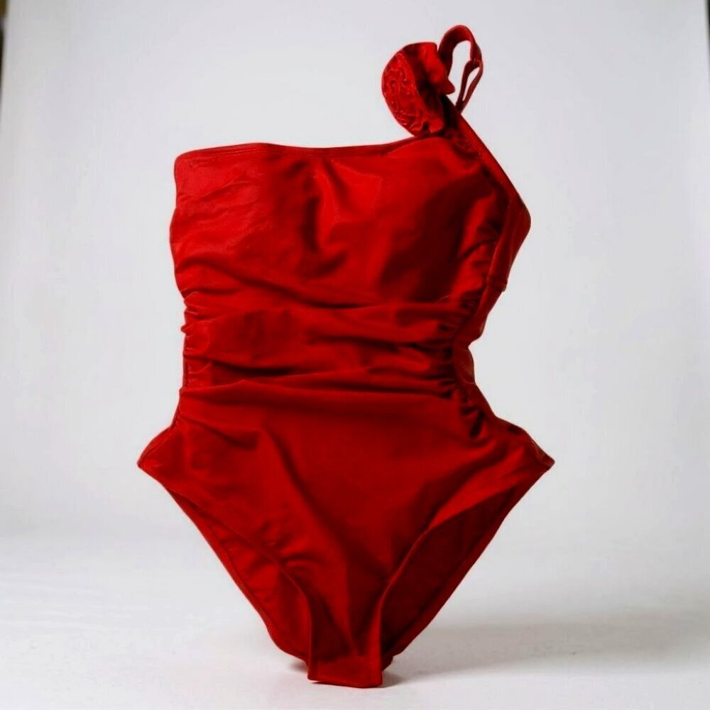 New Shade & Shore Red One Shoulder Rosette Ruched One Piece Swimsuit M (8-10)